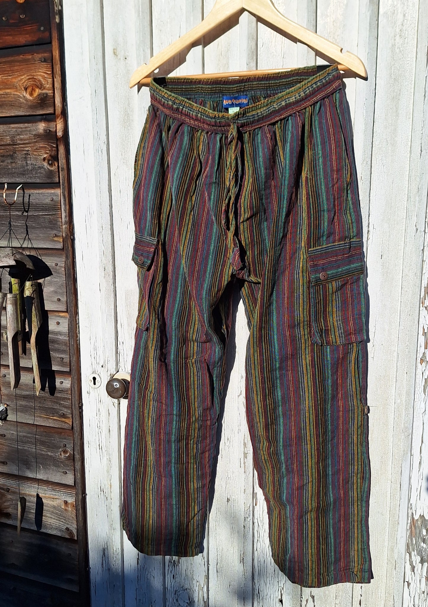 Unisex Fairtrade GREEN & PURPLE STRIPE CARGO PANTS / TROUSERS