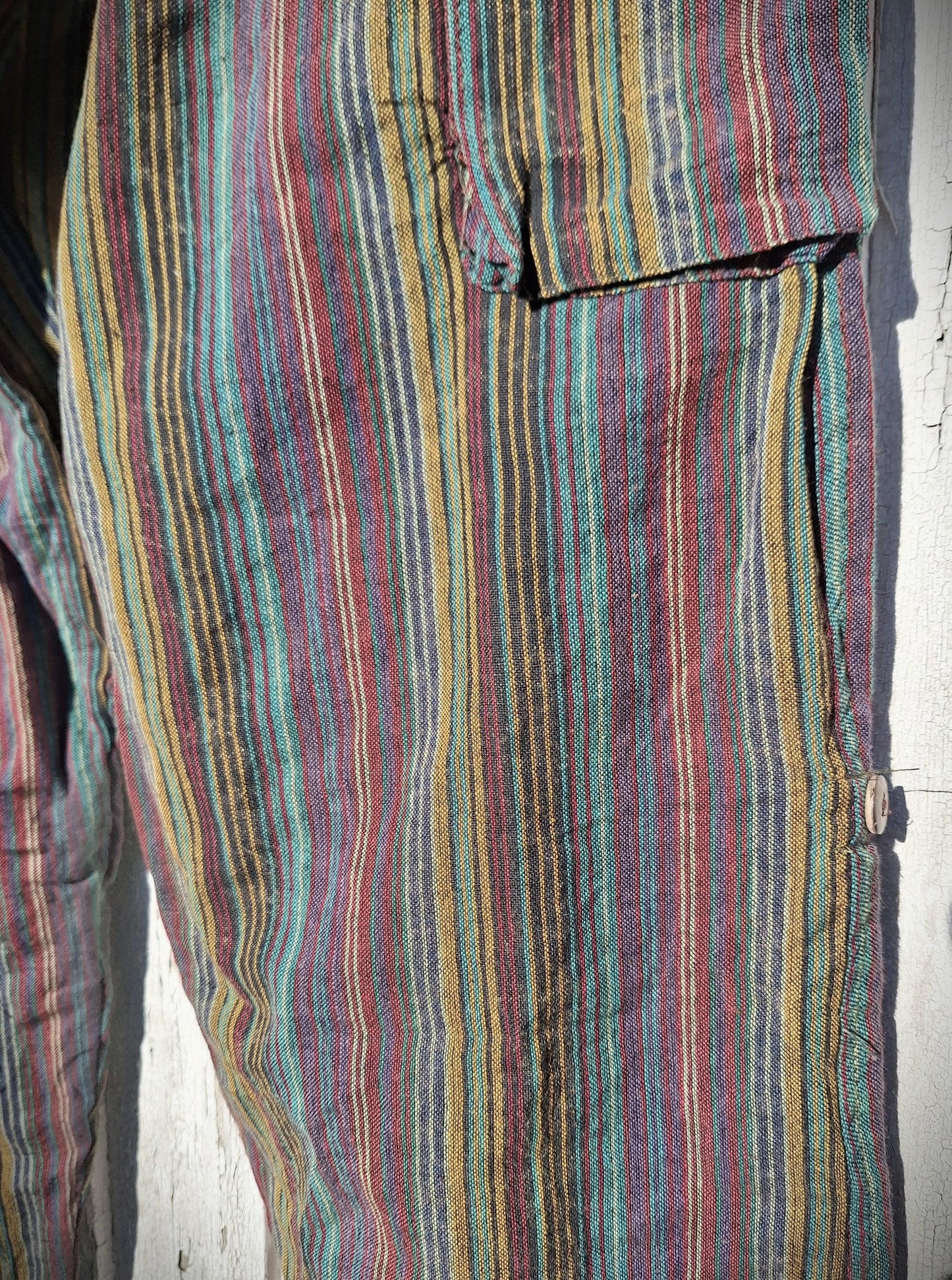 Unisex Fairtrade GREEN & PURPLE STRIPE CARGO PANTS / TROUSERS