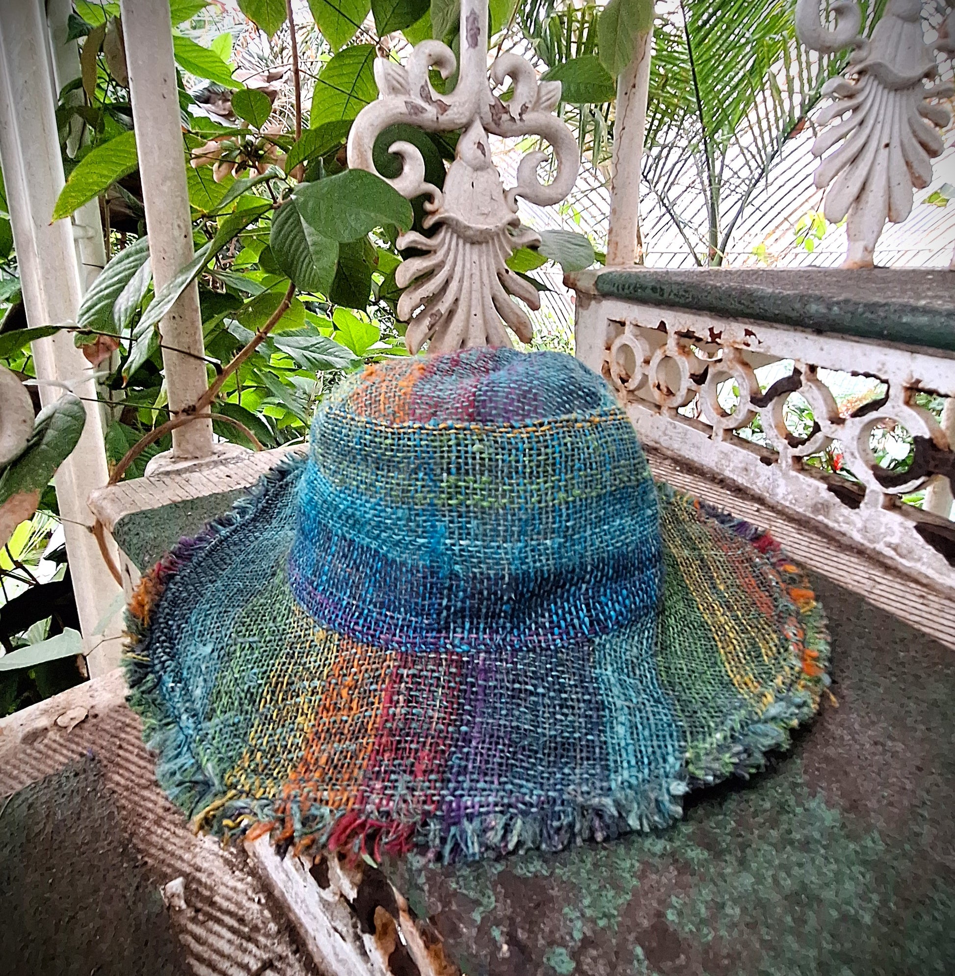 Beautiful Hemp Unisex RAINBOW BORLA OUTBACK hat with a flexible, fringed brim