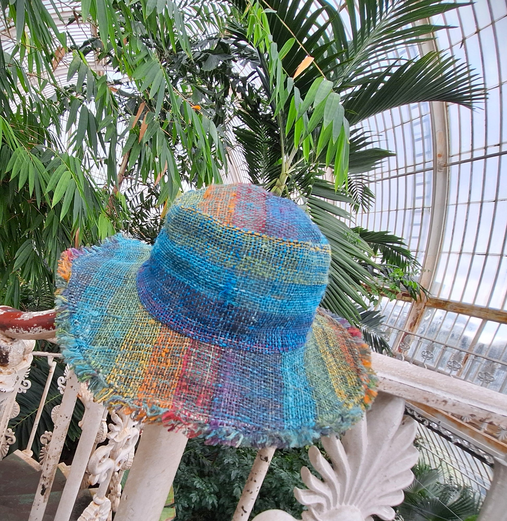 Beautiful Hemp Unisex RAINBOW BORLA OUTBACK hat with a flexible, fringed brim