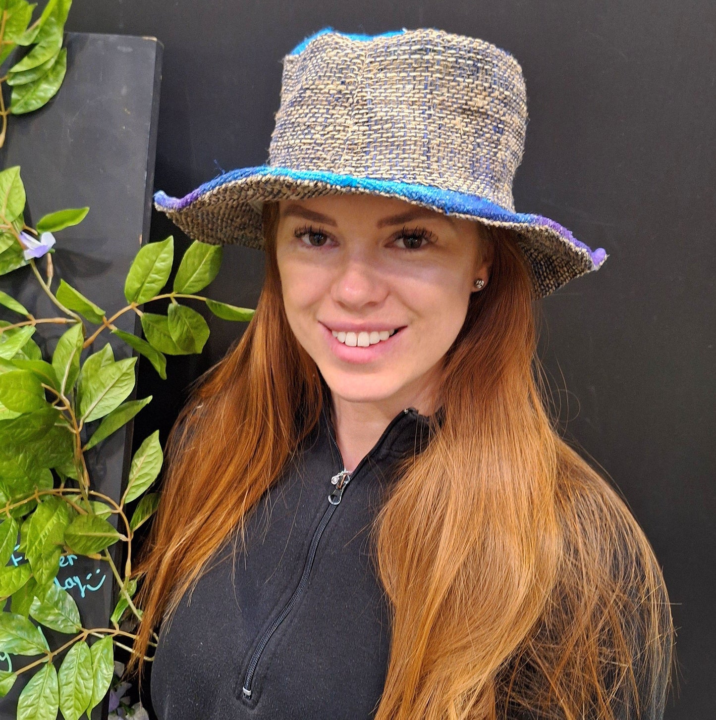 Beautiful Hemp Unisex blue and purple TIE-DYED BORLA OUTBACK hat with a flexible, fringed brim