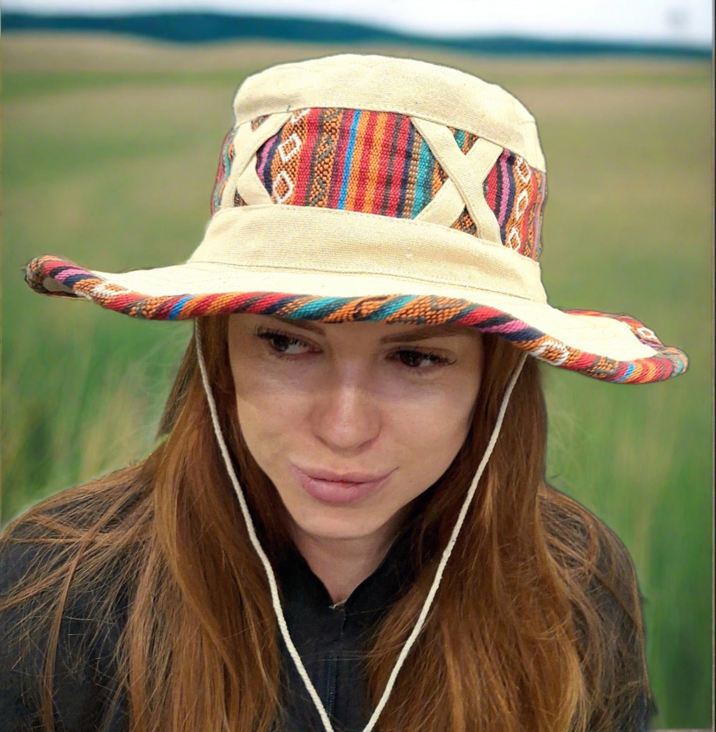 Unisex OUTBACK NEPALA CREAM hat with a flexible, finished and lined brim. Beautiful pure Cotton + Gheri trim