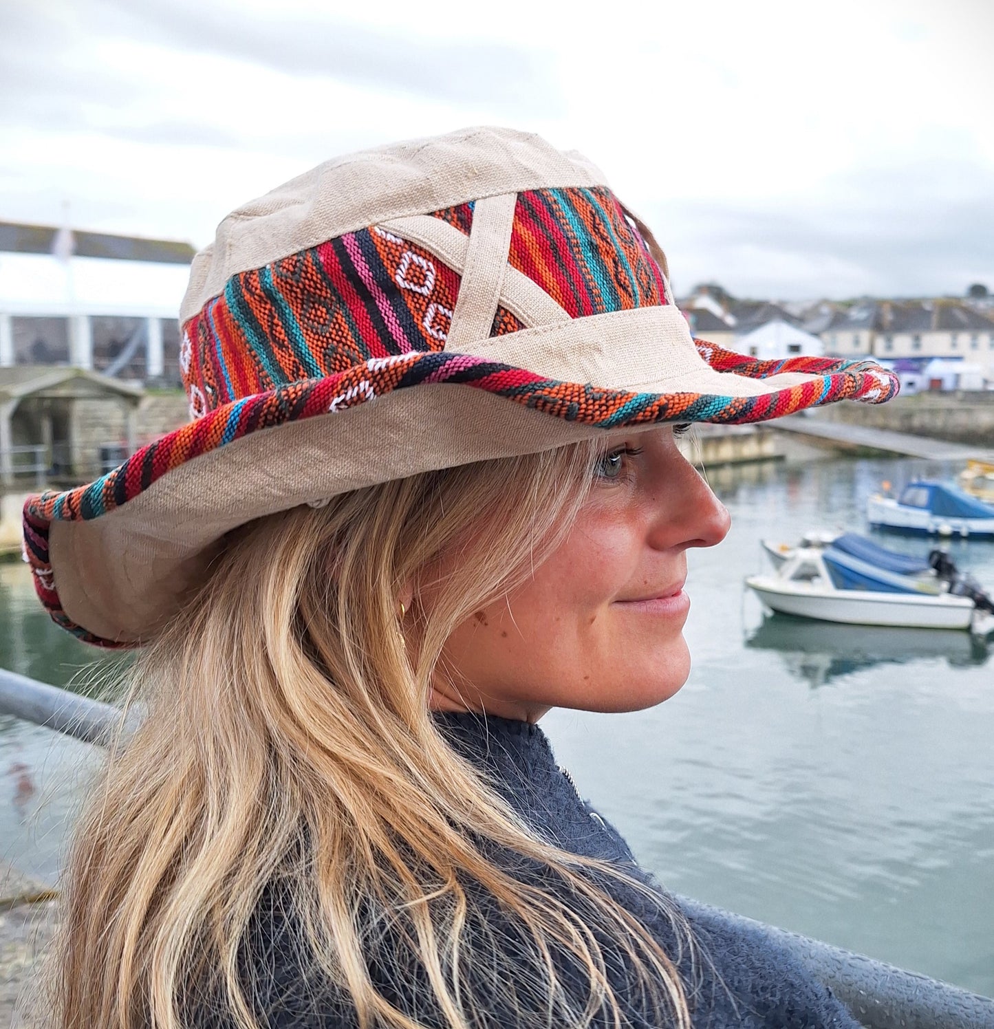 Unisex OUTBACK NEPALA CREAM hat with a flexible, finished and lined brim. Beautiful pure Cotton + Gheri trim