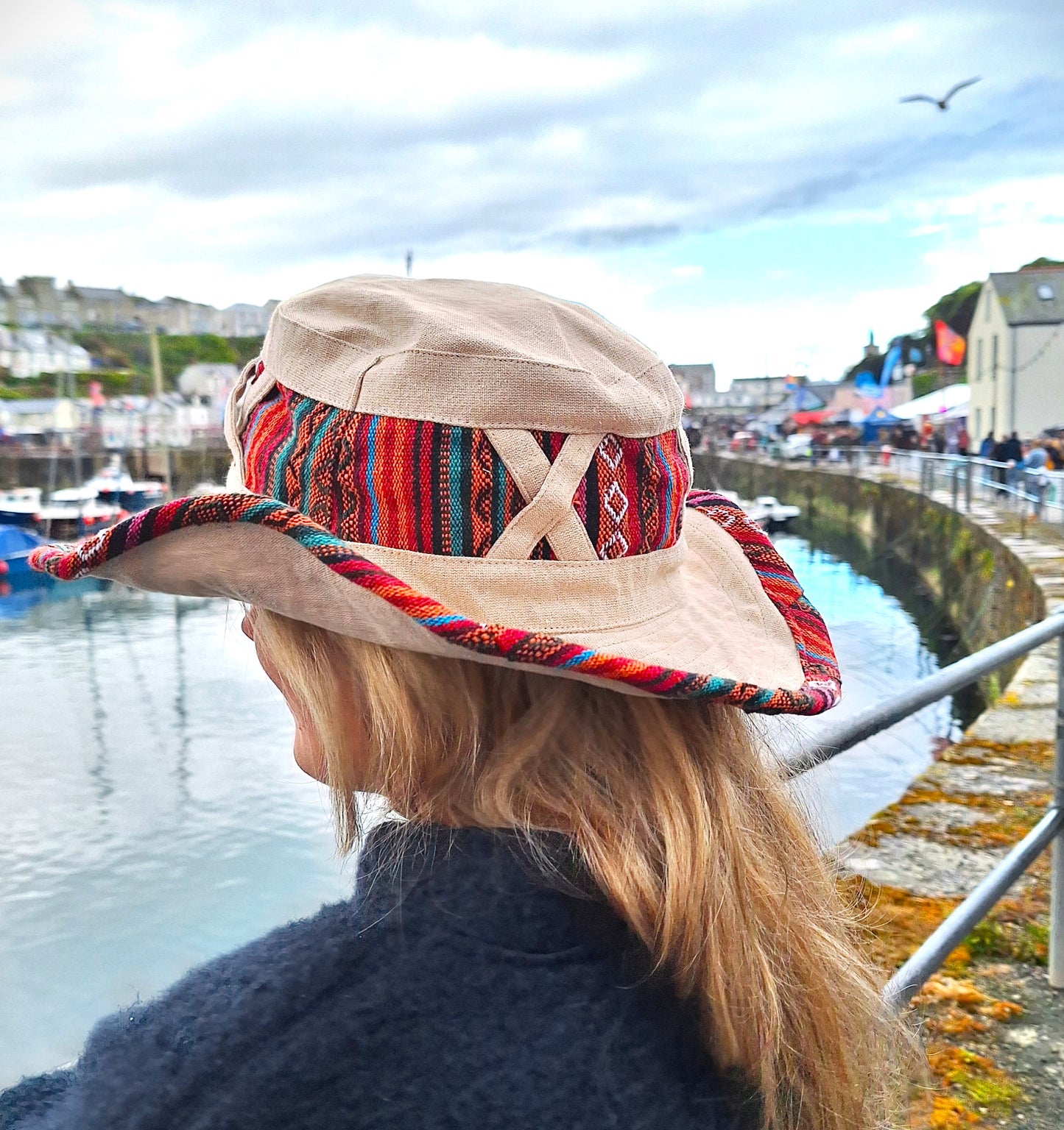 Unisex OUTBACK NEPALA CREAM hat with a flexible, finished and lined brim. Beautiful pure Cotton + Gheri trim