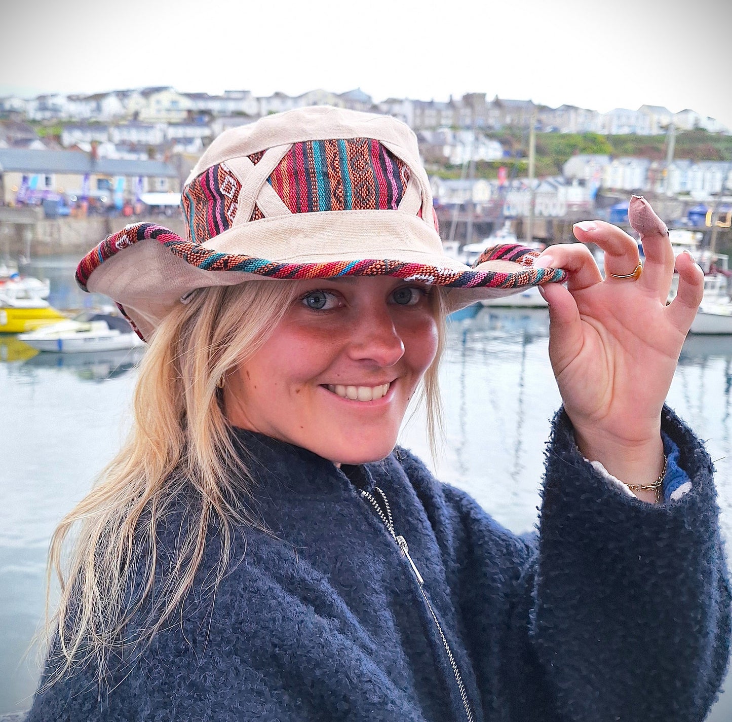 Unisex OUTBACK NEPALA CREAM hat with a flexible, finished and lined brim. Beautiful pure Cotton + Gheri trim
