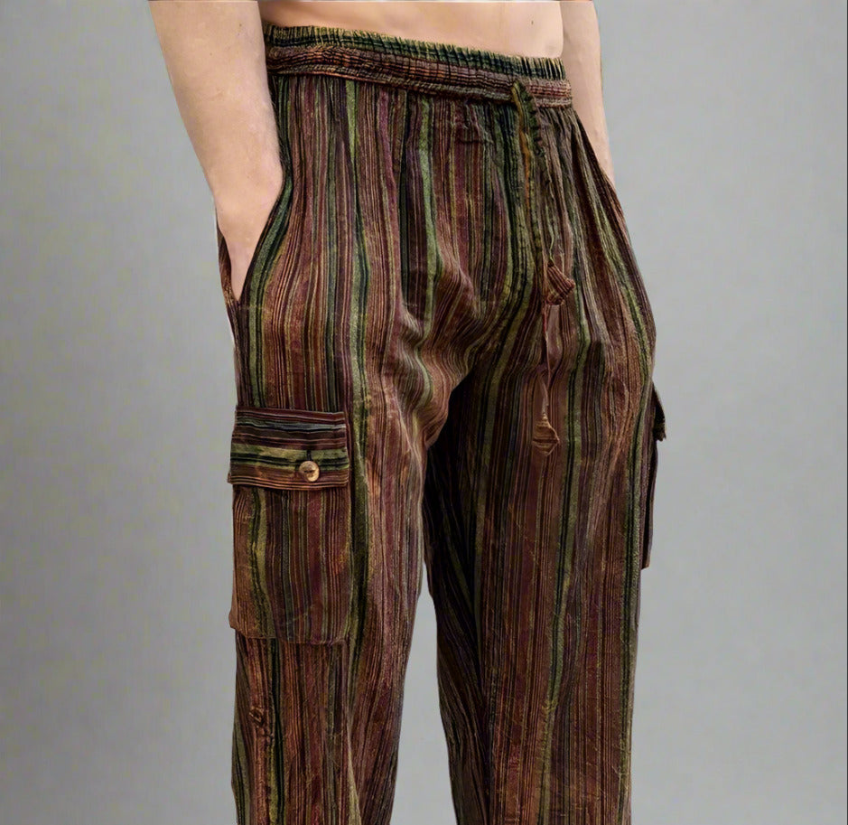 Unisex Fairtrade GREEN & PURPLE STRIPE CARGO PANTS / TROUSERS