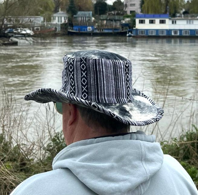 Unisex OUTBACK NEPALA MONO hat with a flexible, finished and lined brim. Beautiful pure Cotton + Gheri trim