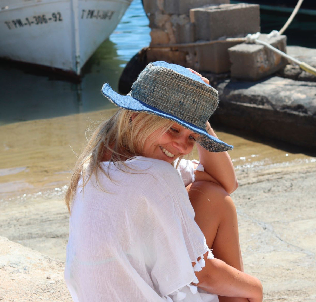 Beautiful Hemp Unisex washed Blue BORLA OUTBACK hat with a flexible, fringed brim