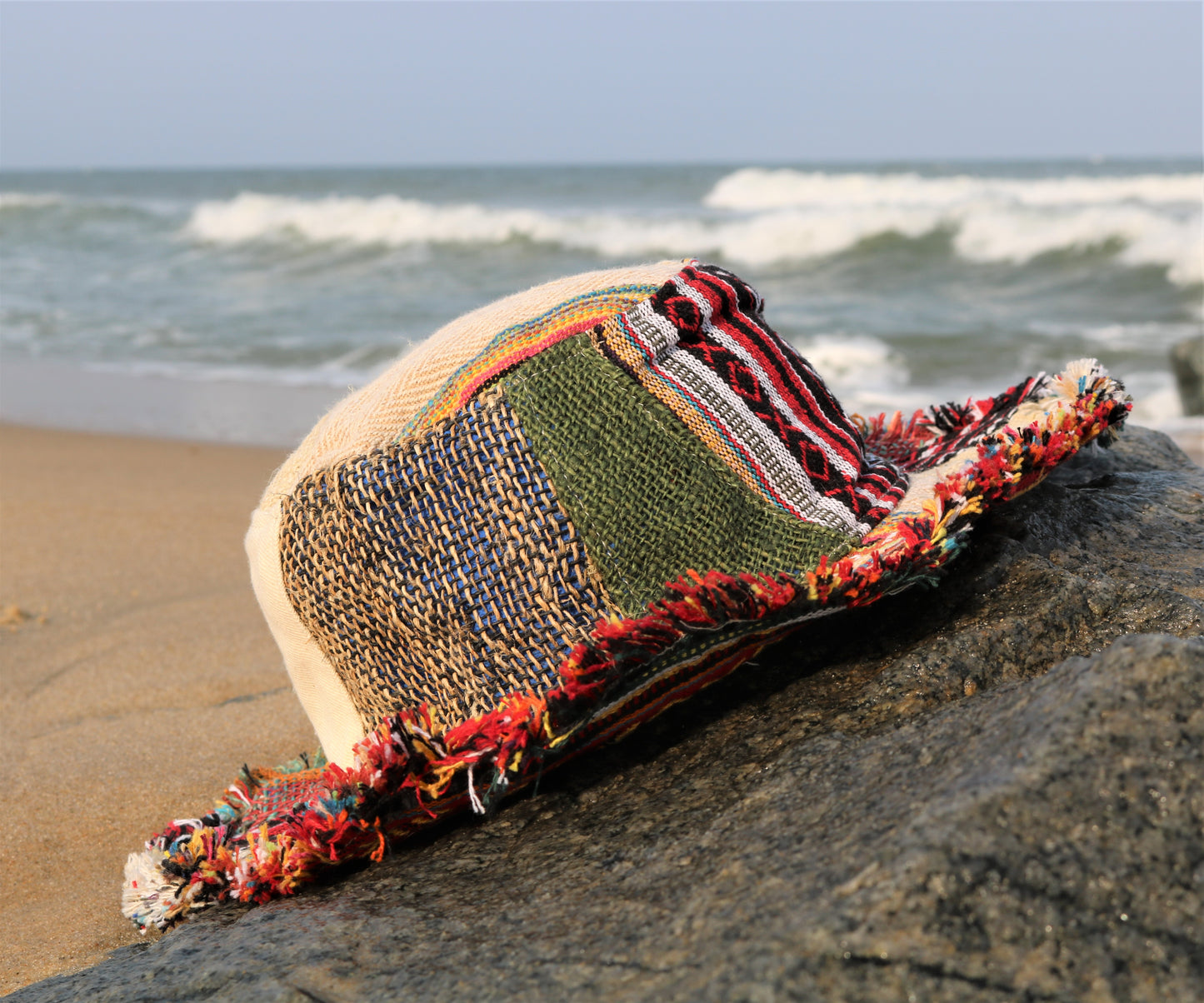 Beautiful Hemp & Cotton Unisex multicolour OUTBACK hat with a flexible, fringe brim