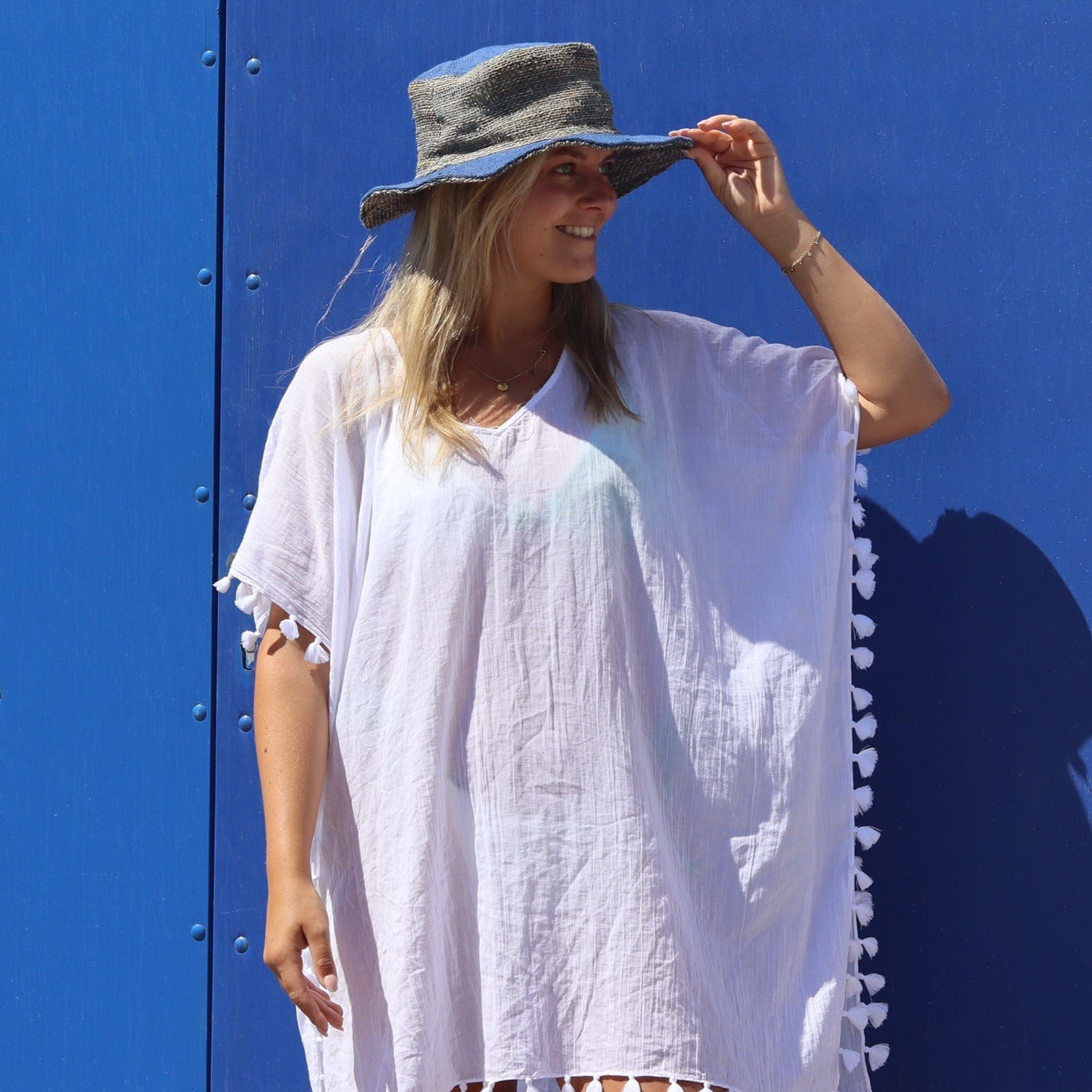 Beautiful Hemp Unisex washed Blue BORLA OUTBACK hat with a flexible, fringed brim