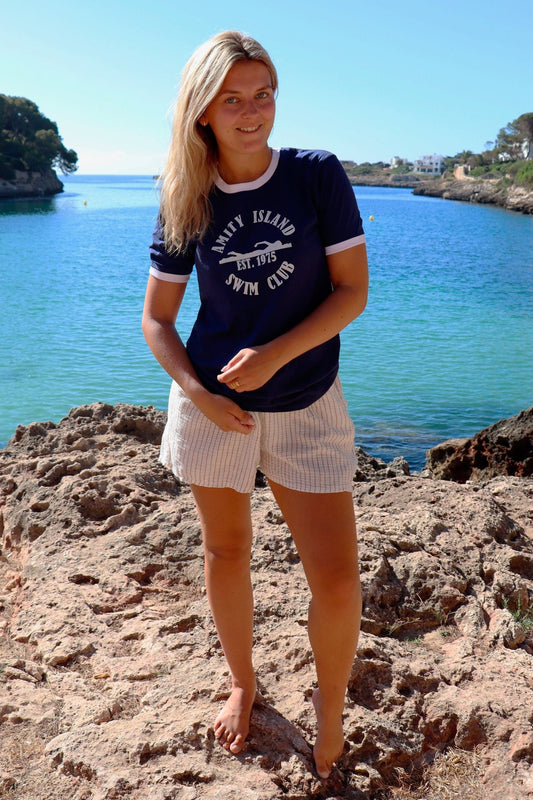 AMITY SWIM T-Shirt Navy Blue white trim - the perfect gift for Jaws fans !