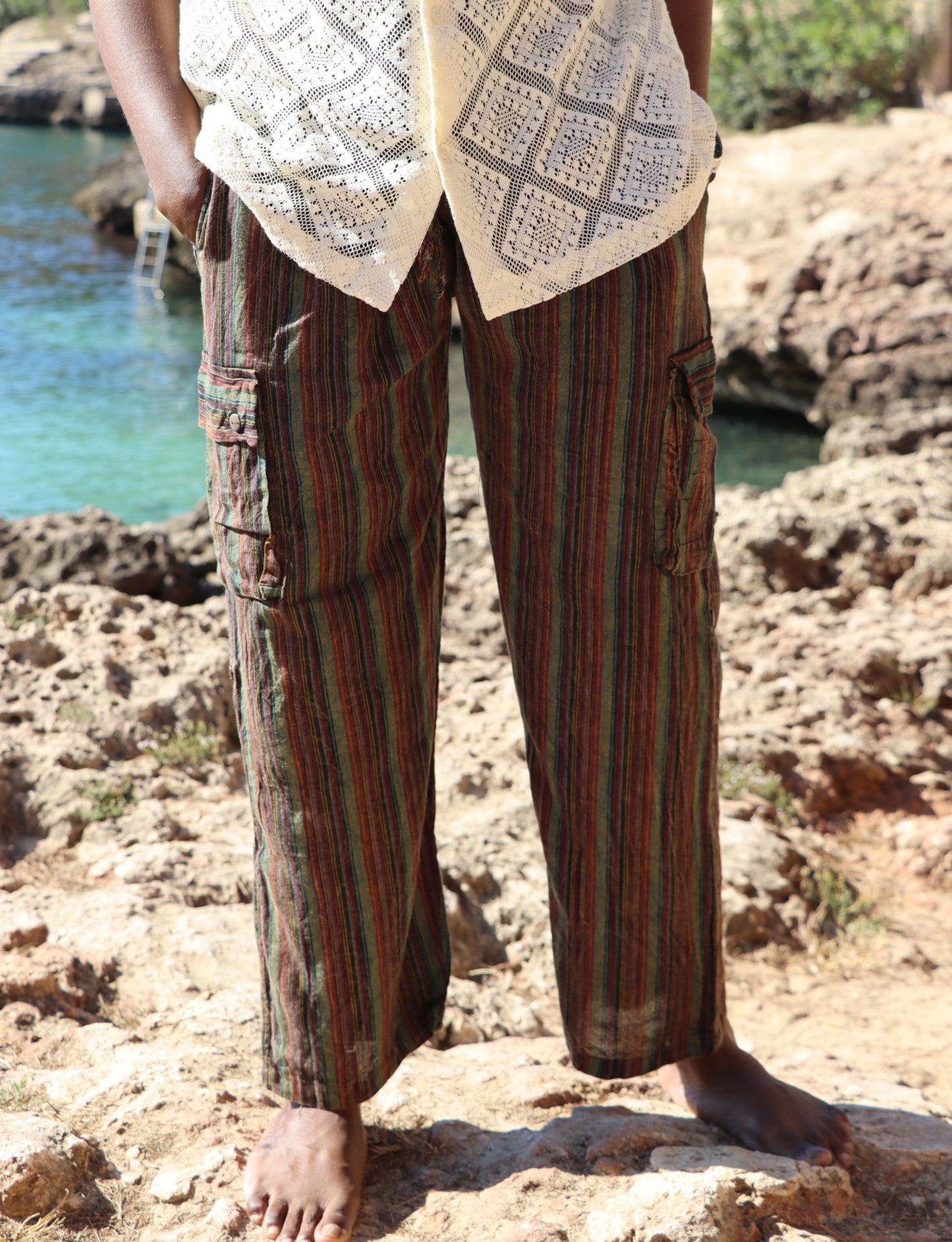 Unisex Fairtrade GREEN & PURPLE STRIPE CARGO PANTS / TROUSERS