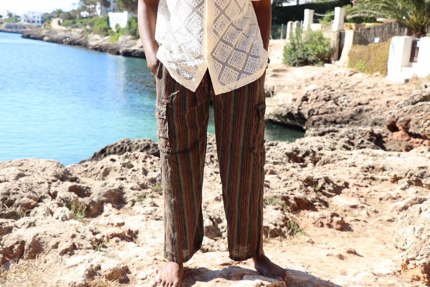 Unisex Fairtrade GREEN & PURPLE STRIPE CARGO PANTS / TROUSERS