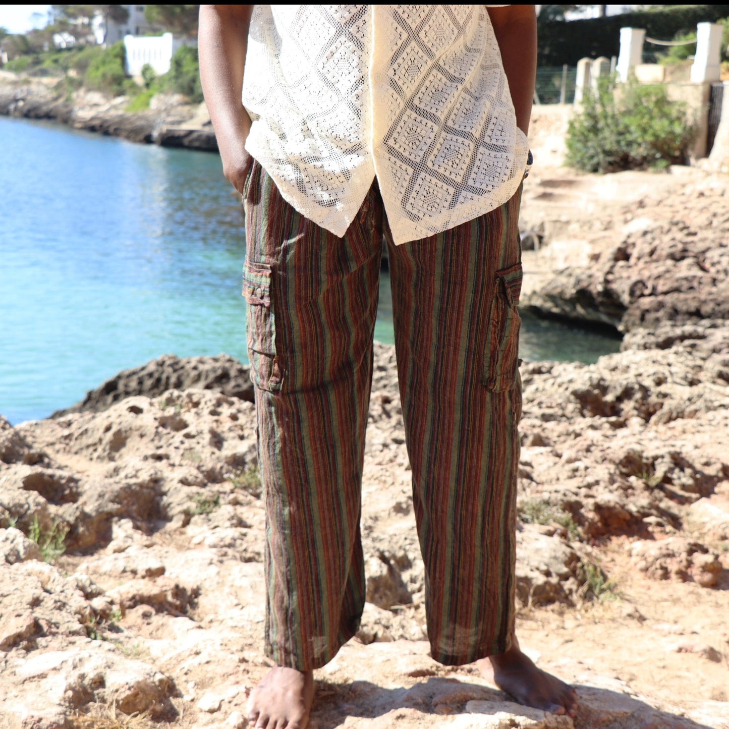 Unisex Fairtrade GREEN & PURPLE STRIPE CARGO PANTS / TROUSERS