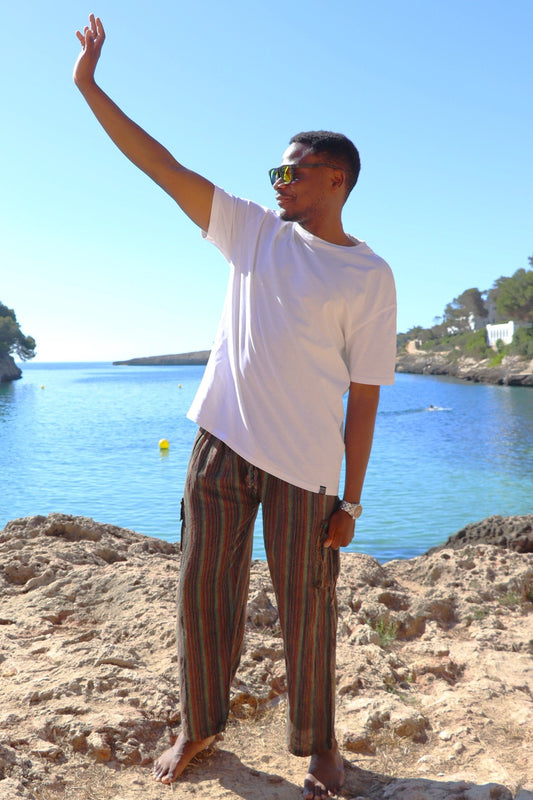 Unisex Fairtrade GREEN & PURPLE STRIPE CARGO PANTS / TROUSERS