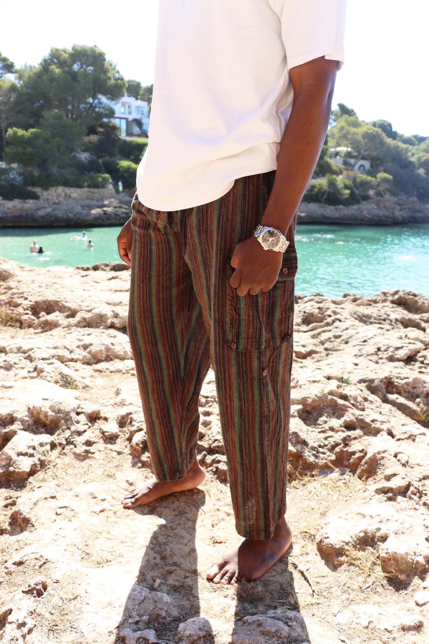 Unisex Fairtrade GREEN & PURPLE STRIPE CARGO PANTS / TROUSERS