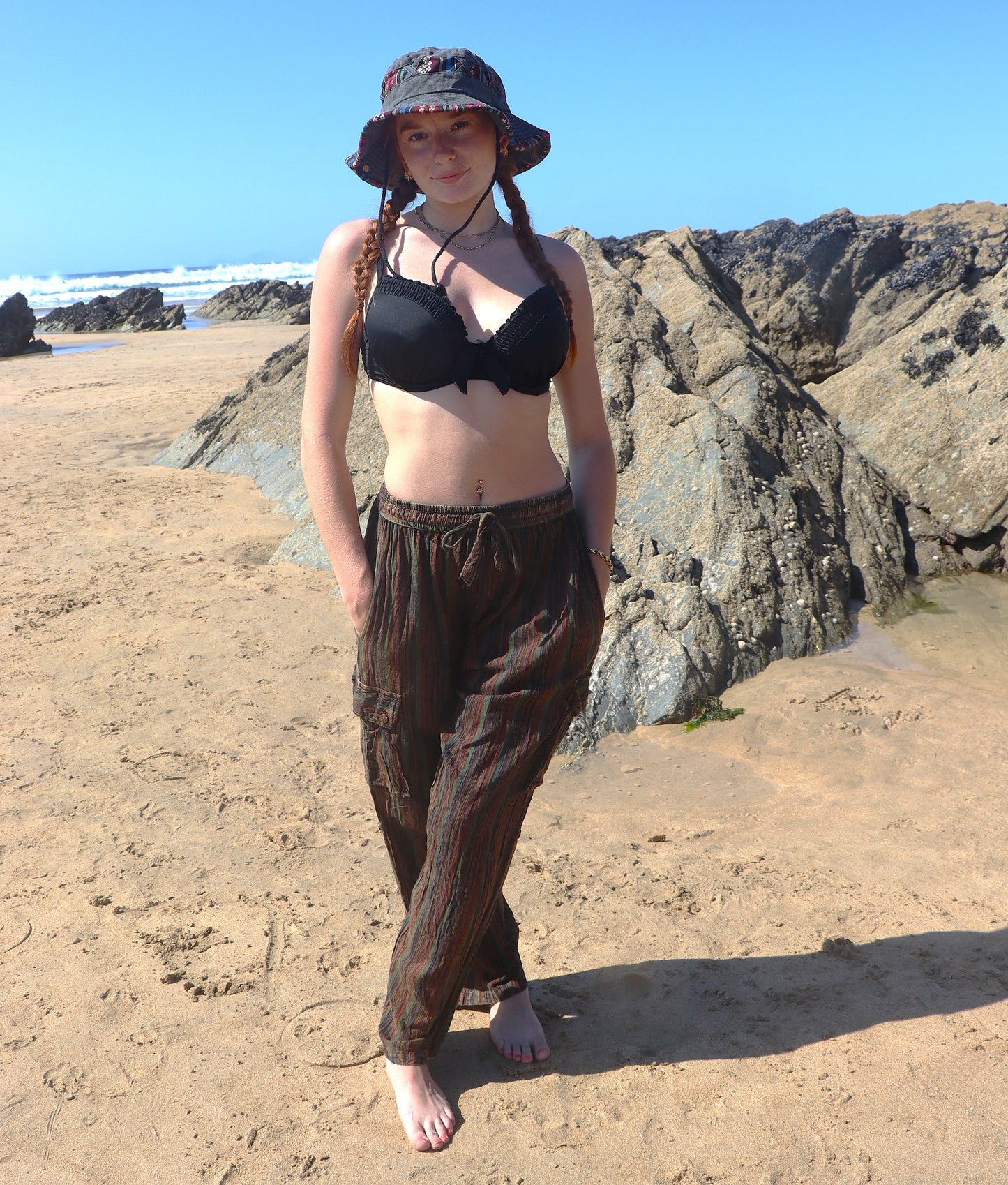 Unisex Fairtrade GREEN & PURPLE STRIPE CARGO PANTS / TROUSERS