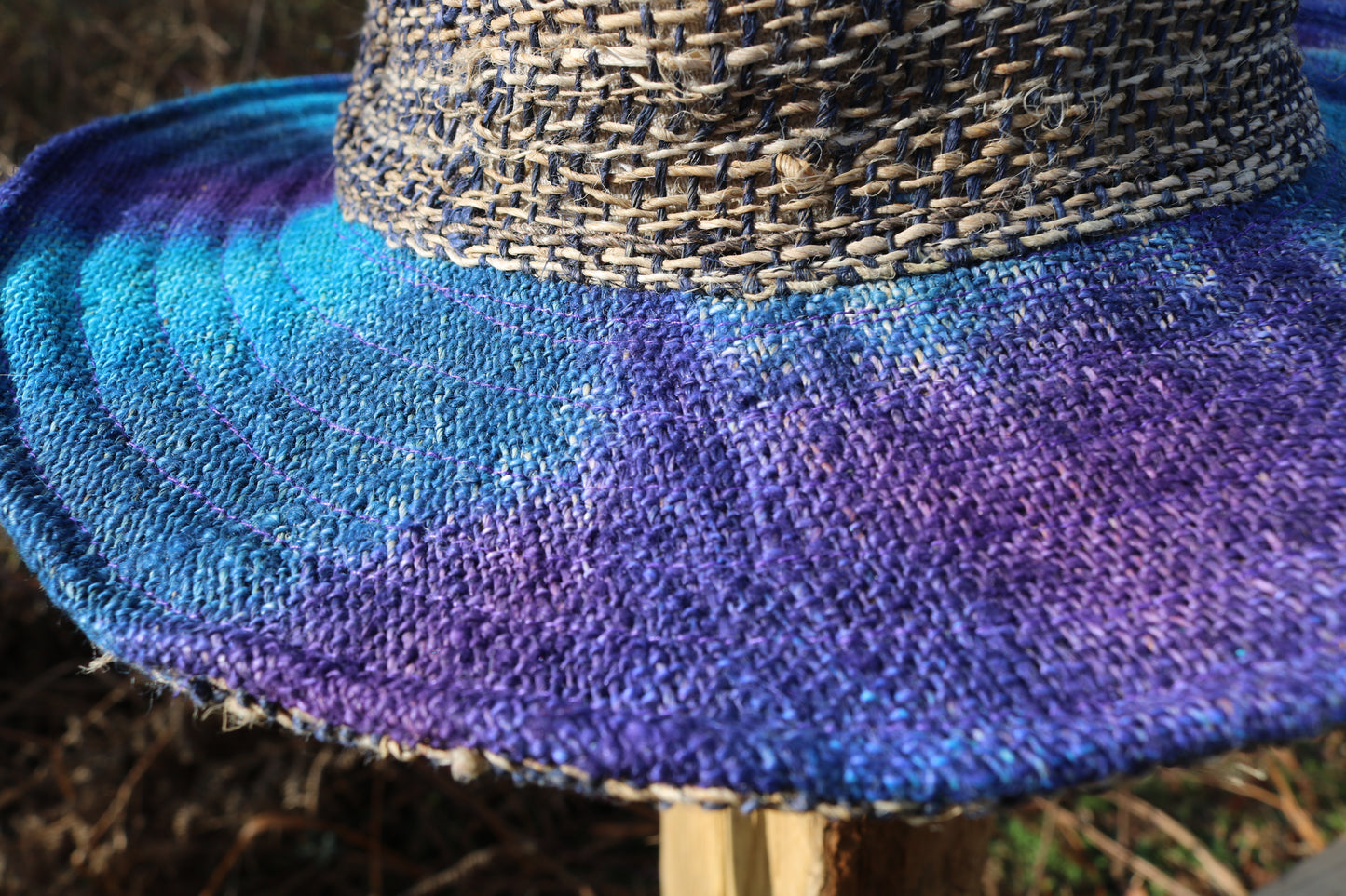 Beautiful Hemp Unisex blue and purple TIE-DYED BORLA OUTBACK hat with a flexible, fringed brim