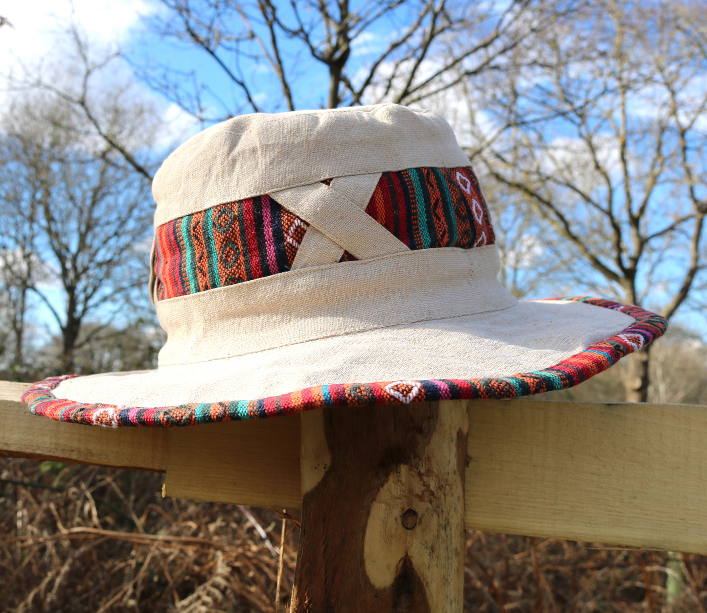 Unisex OUTBACK NEPALA CREAM hat with a flexible, finished and lined brim. Beautiful pure Cotton + Gheri trim