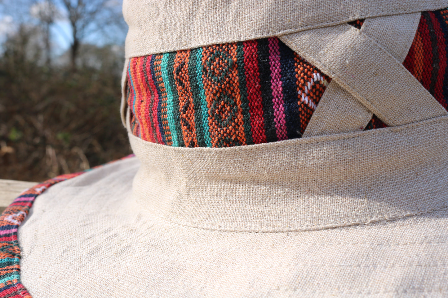 Unisex OUTBACK NEPALA CREAM hat with a flexible, finished and lined brim. Beautiful pure Cotton + Gheri trim