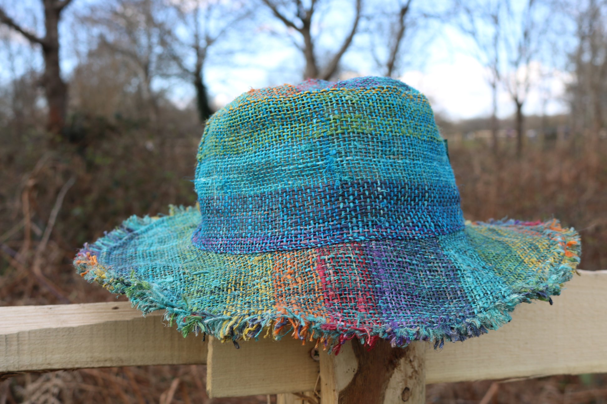 Beautiful Hemp Unisex RAINBOW BORLA OUTBACK hat with a flexible, fringed brim
