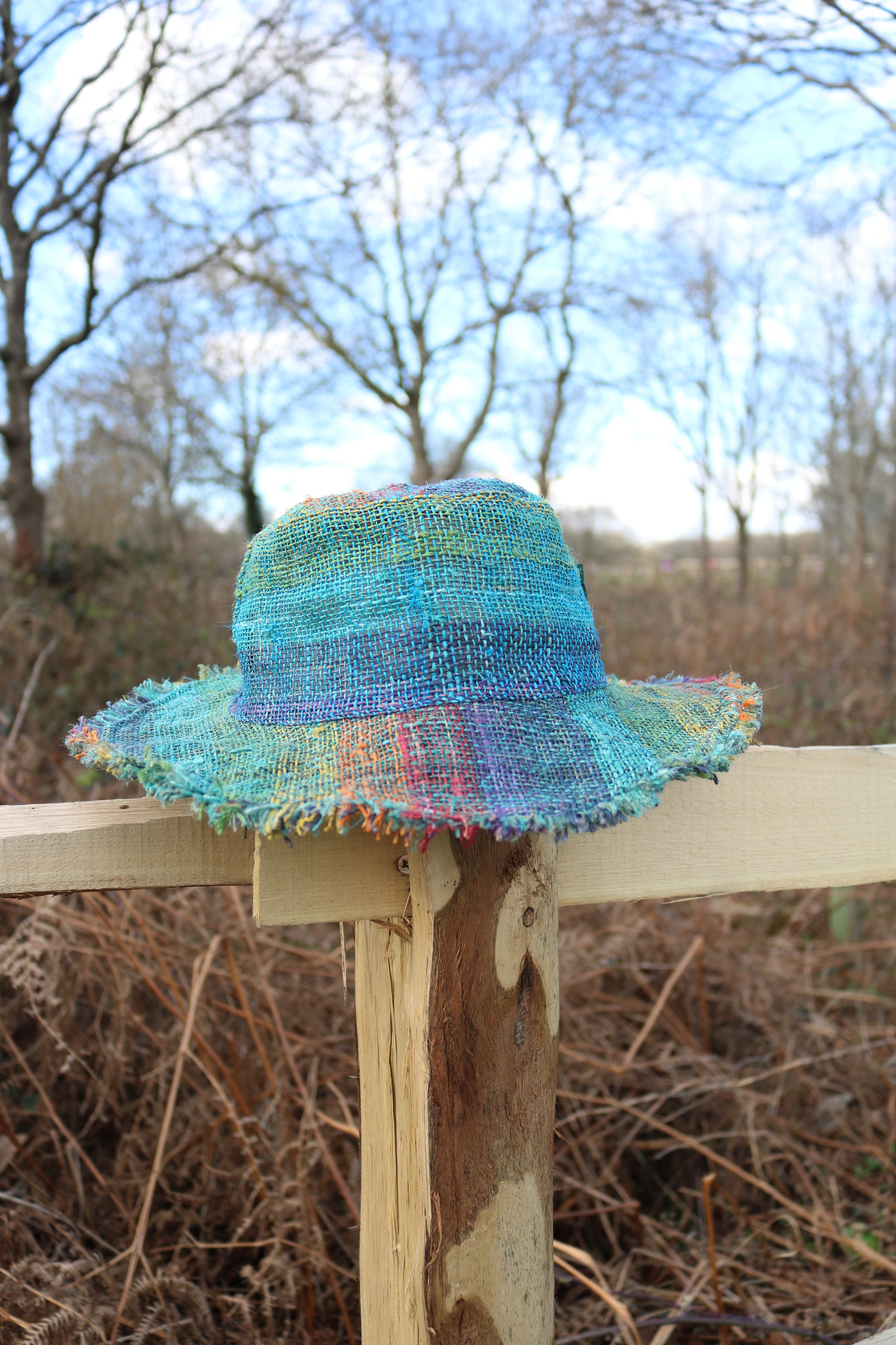 Beautiful Hemp Unisex RAINBOW BORLA OUTBACK hat with a flexible, fringed brim