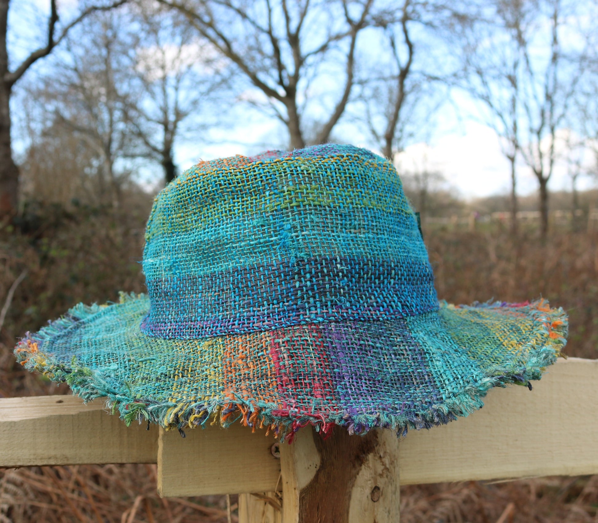Beautiful Hemp Unisex RAINBOW BORLA OUTBACK hat with a flexible, fringed brim