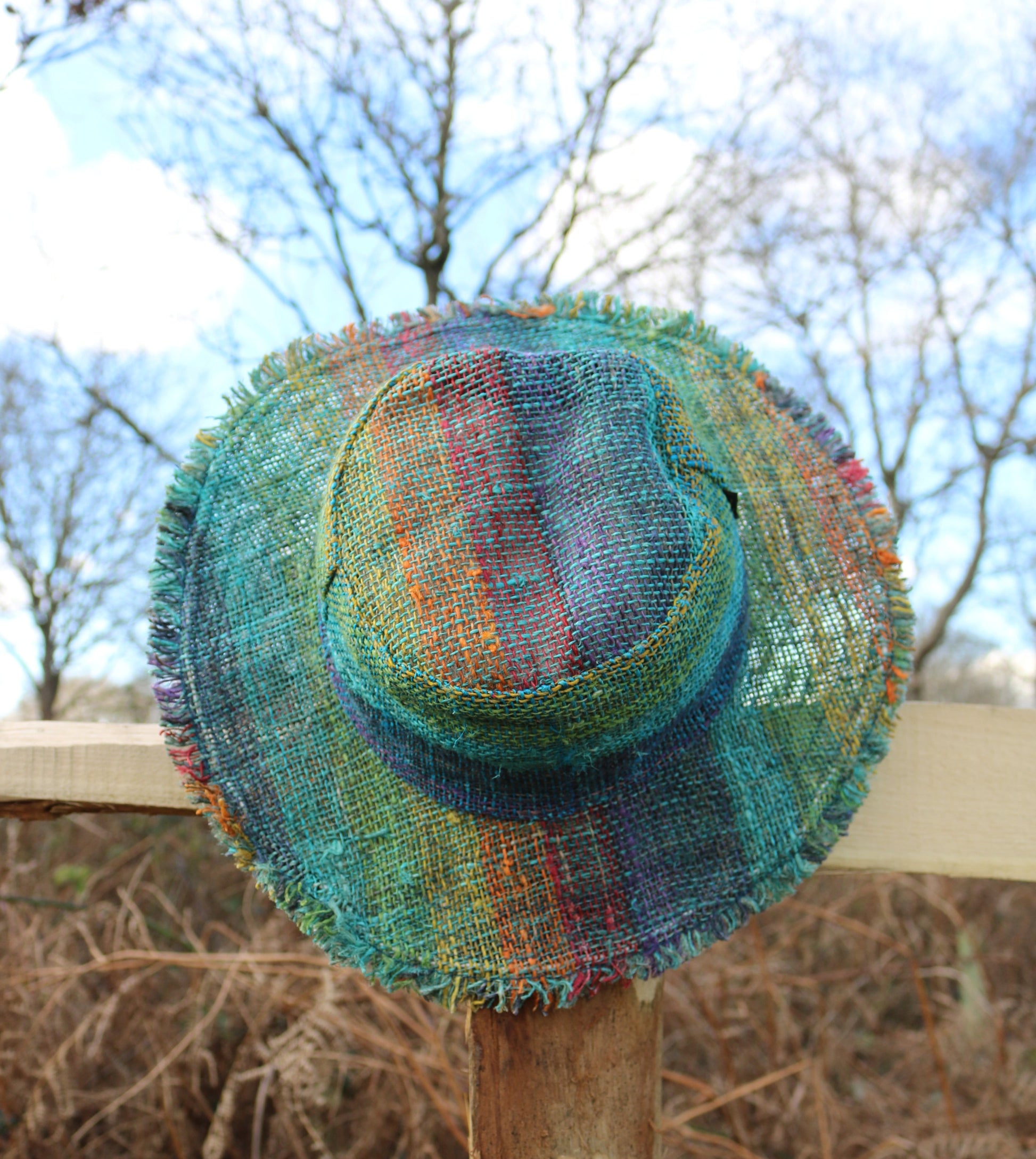 Beautiful Hemp Unisex RAINBOW BORLA OUTBACK hat with a flexible, fringed brim