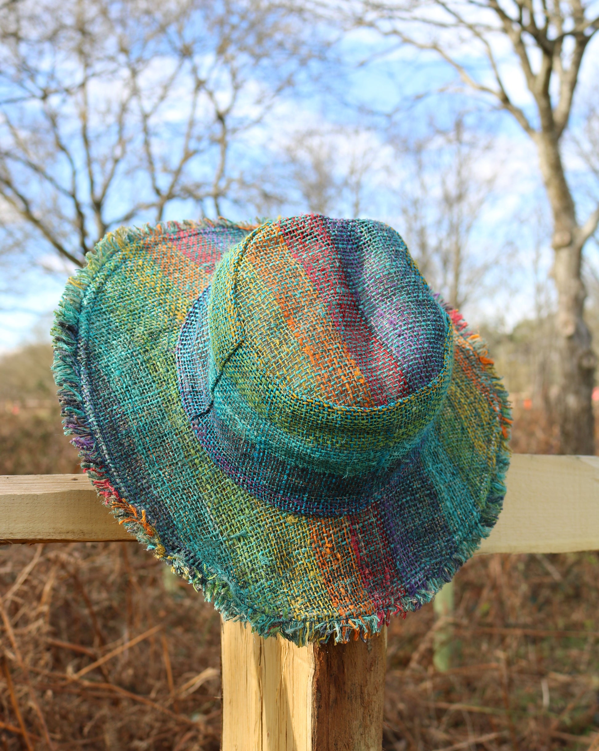 Beautiful Hemp Unisex RAINBOW BORLA OUTBACK hat with a flexible, fringed brim