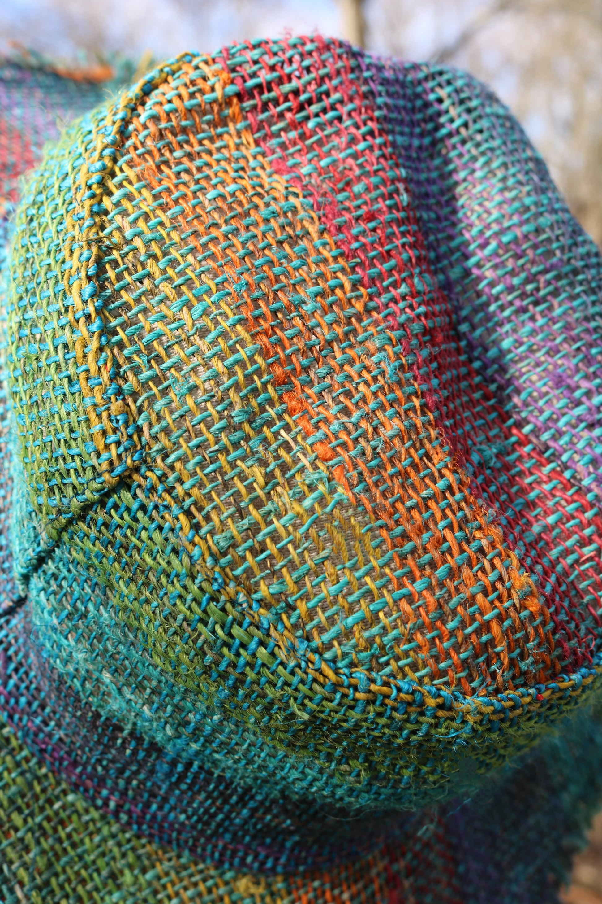 Beautiful Hemp Unisex RAINBOW BORLA OUTBACK hat with a flexible, fringed brim