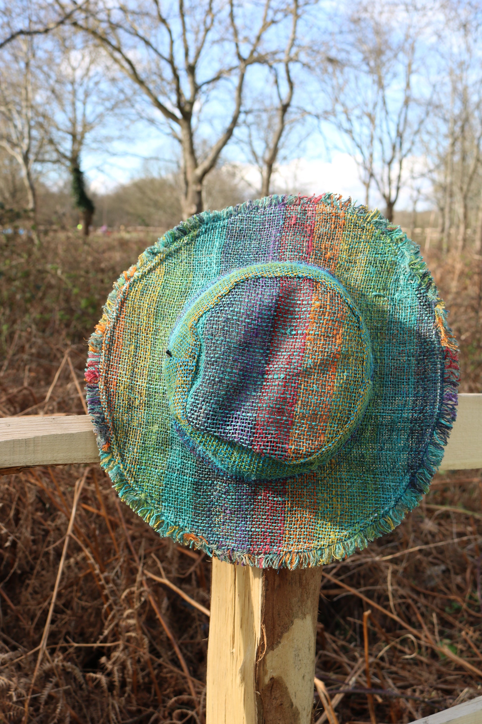 Beautiful Hemp Unisex RAINBOW BORLA OUTBACK hat with a flexible, fringed brim