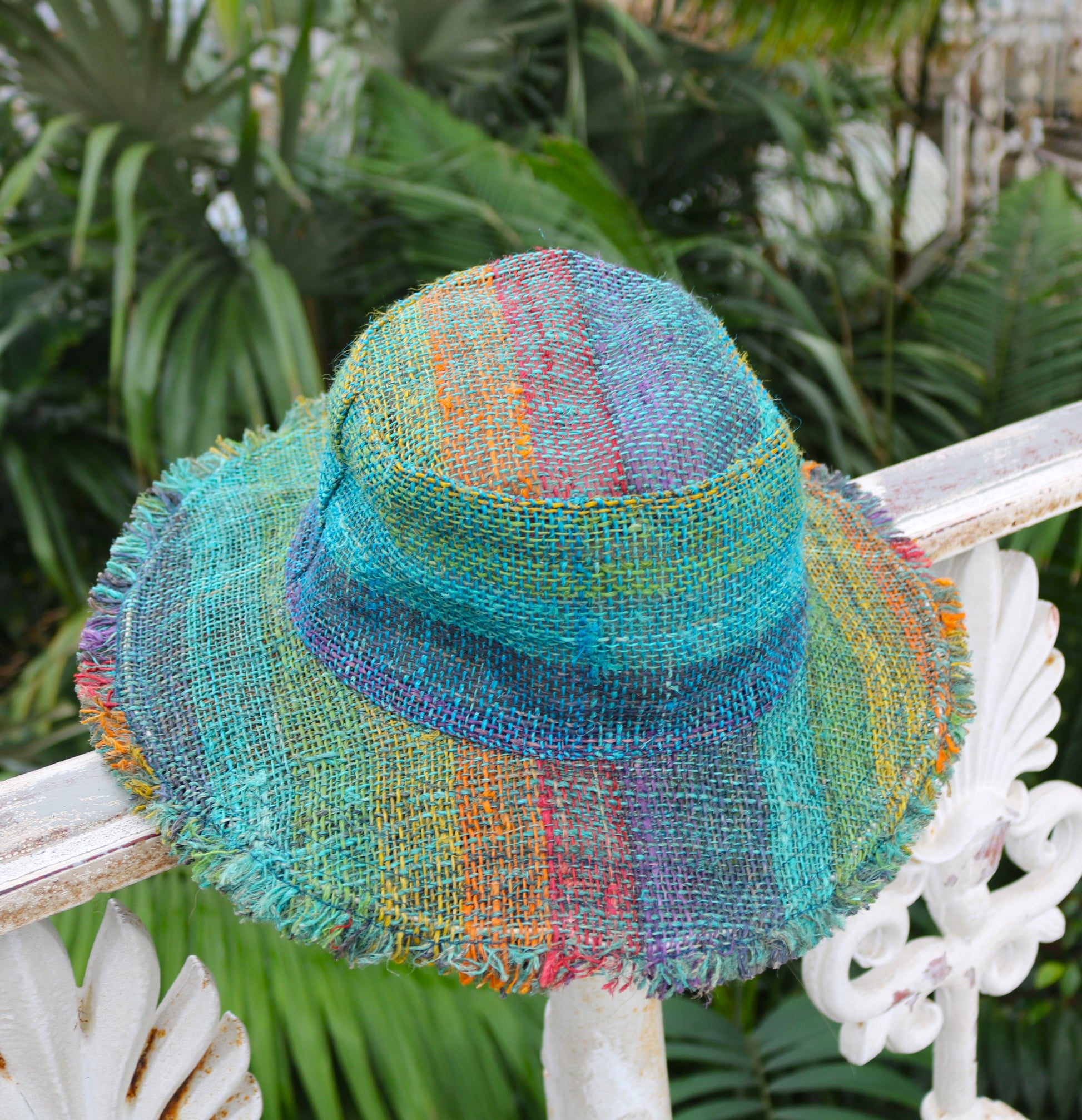 Beautiful Hemp Unisex RAINBOW BORLA OUTBACK hat with a flexible, fringed brim