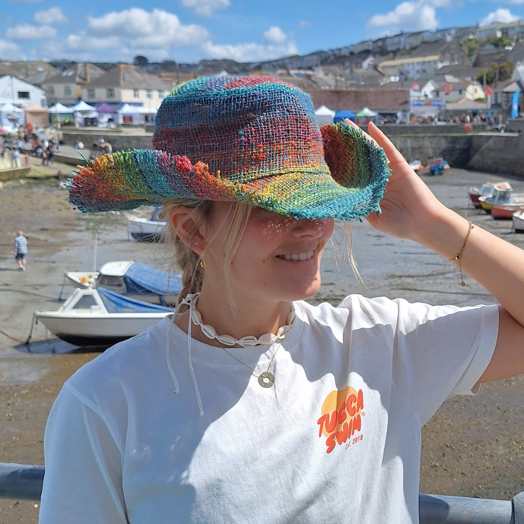 Beautiful Hemp Unisex RAINBOW BORLA OUTBACK hat with a flexible, fringed brim
