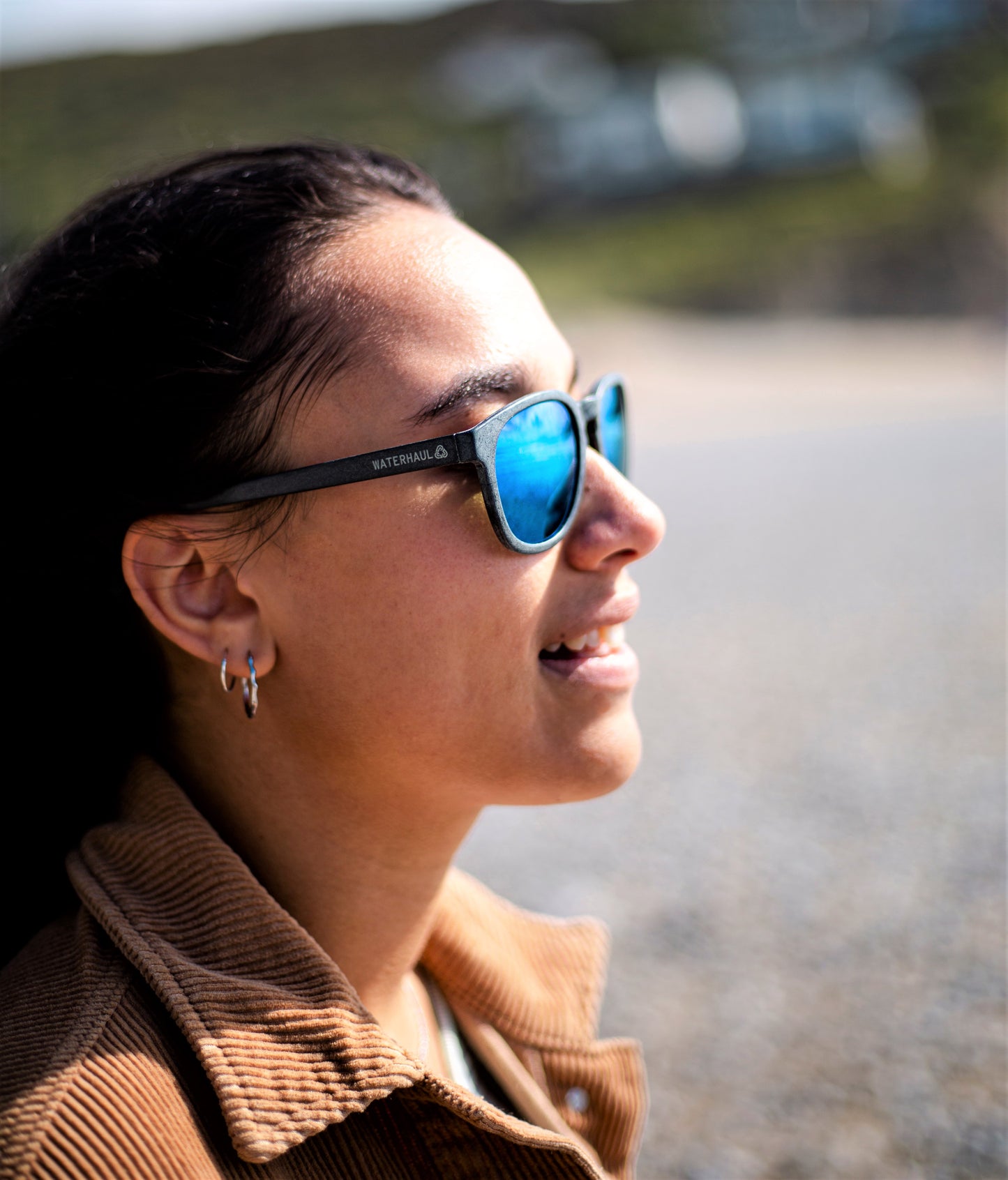 CRANTOCK SLATE Sunglasses - Blue Mirror Lenses Left Side View Logo