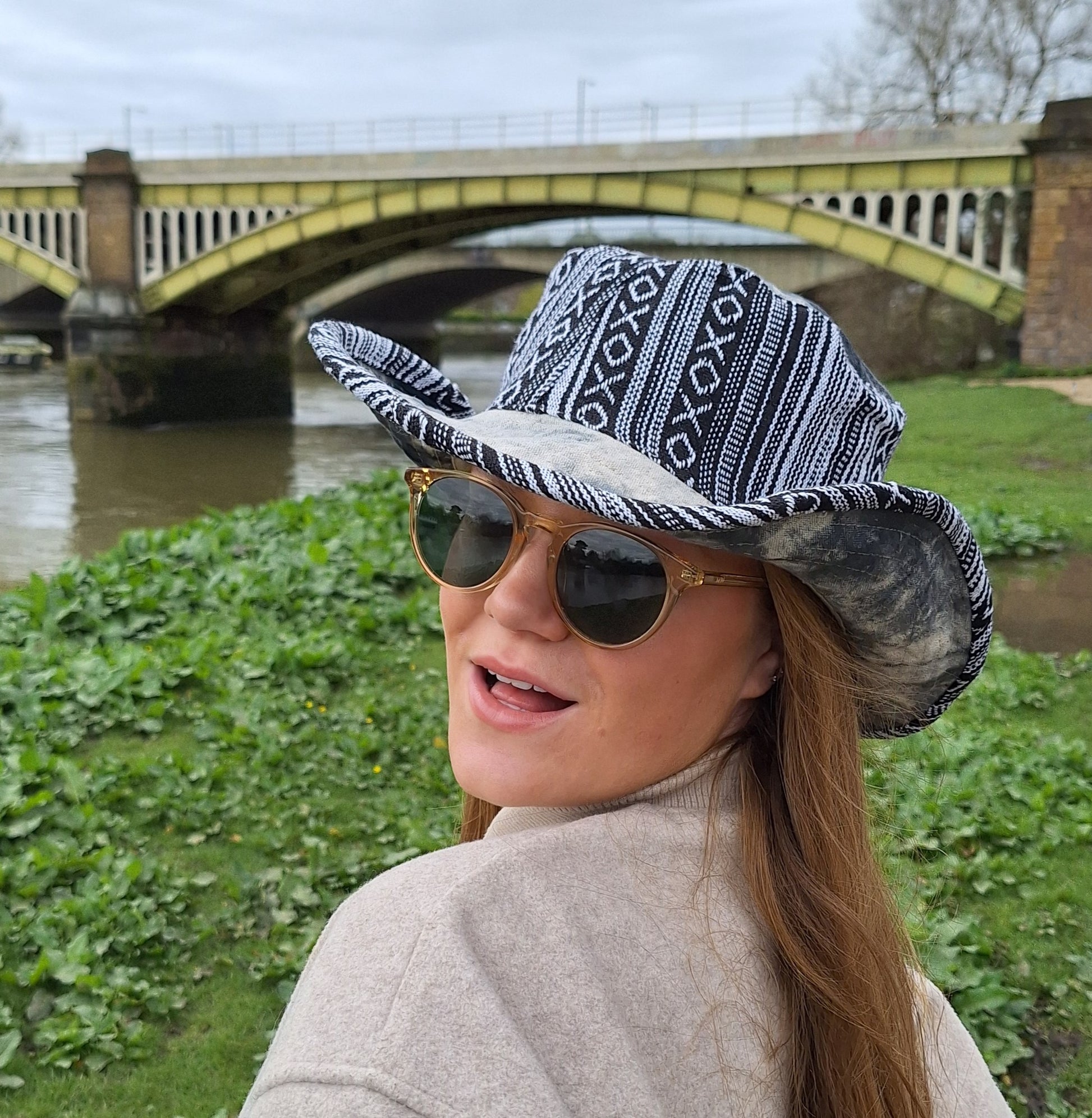 Unisex OUTBACK NEPALA MONO hat with a flexible, finished and lined brim. Beautiful pure Cotton + Gheri trim