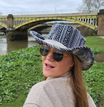 Unisex OUTBACK NEPALA MONO hat with a flexible, finished and lined brim. Beautiful pure Cotton + Gheri trim
