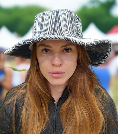 Unisex OUTBACK NEPALA MONO hat with a flexible, finished and lined brim. Beautiful pure Cotton + Gheri trim