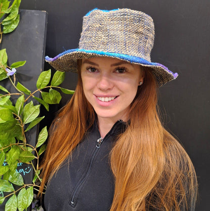 Beautiful Hemp Unisex blue and purple TIE-DYED BORLA OUTBACK hat with a flexible, fringed brim