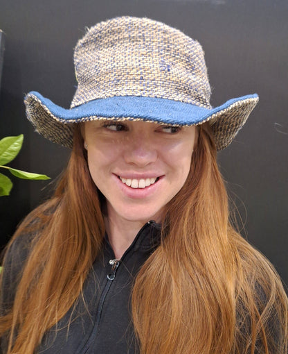 Beautiful Hemp Unisex washed Blue BORLA OUTBACK hat with a flexible, fringed brim