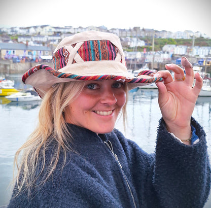 Unisex OUTBACK NEPALA CREAM hat with a flexible, finished and lined brim. Beautiful pure Cotton + Gheri trim