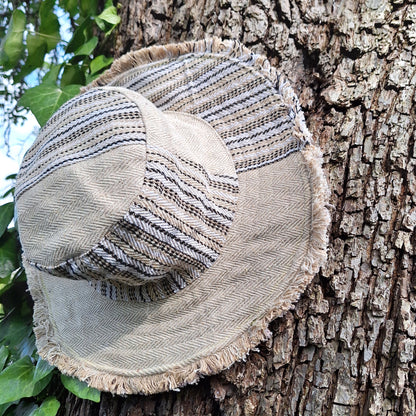 Unisex HERRINGBONE and GHERI OUTBACK CREAM hat with a flexible, fringed and lined brim. Beautiful pure Cotton and Fairtrade.