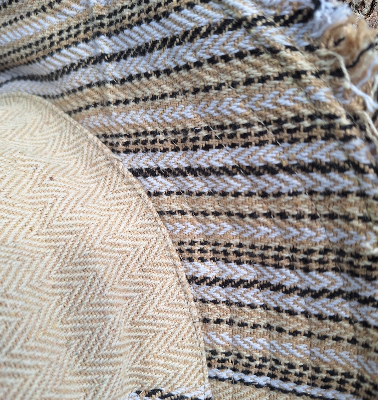 Unisex HERRINGBONE and GHERI OUTBACK CREAM hat with a flexible, fringed and lined brim. Beautiful pure Cotton and Fairtrade.