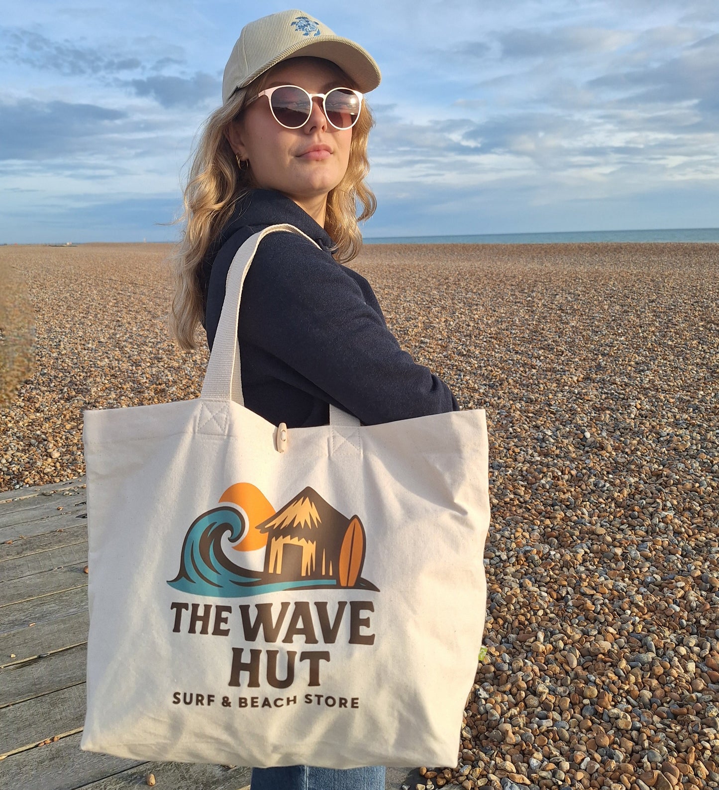 Wave Hut Organic Canvas Beach Bag, Surf Graphic Tote
