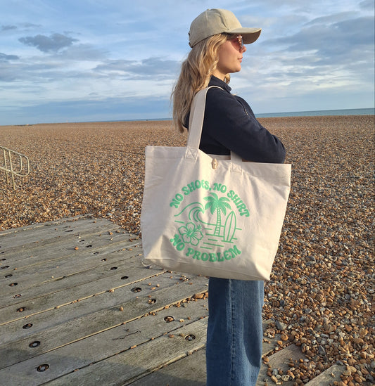 Large Cotton Beach Bag: NO SHOES NO SHIRT NO PROBLEM