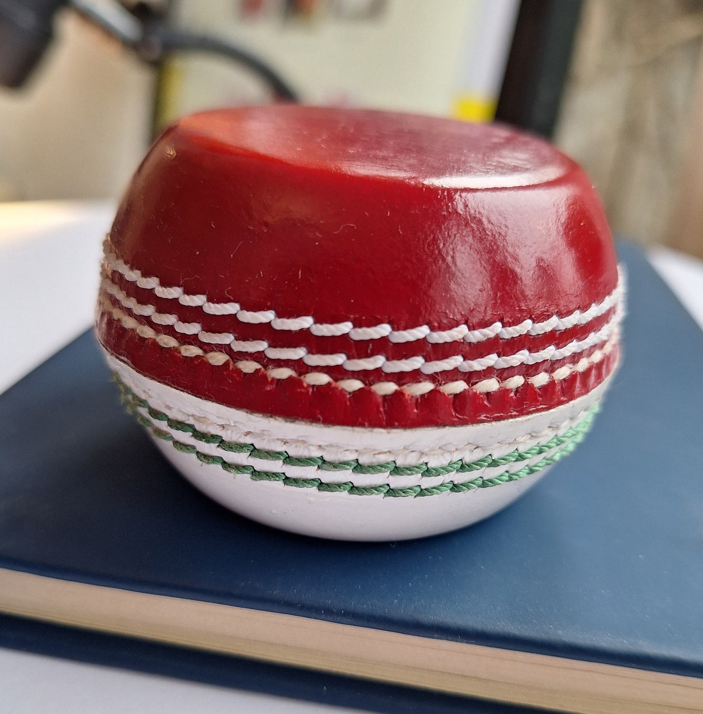 Flat sided Cricket Ball Paperweight / Desk ornament - real cricket stitching