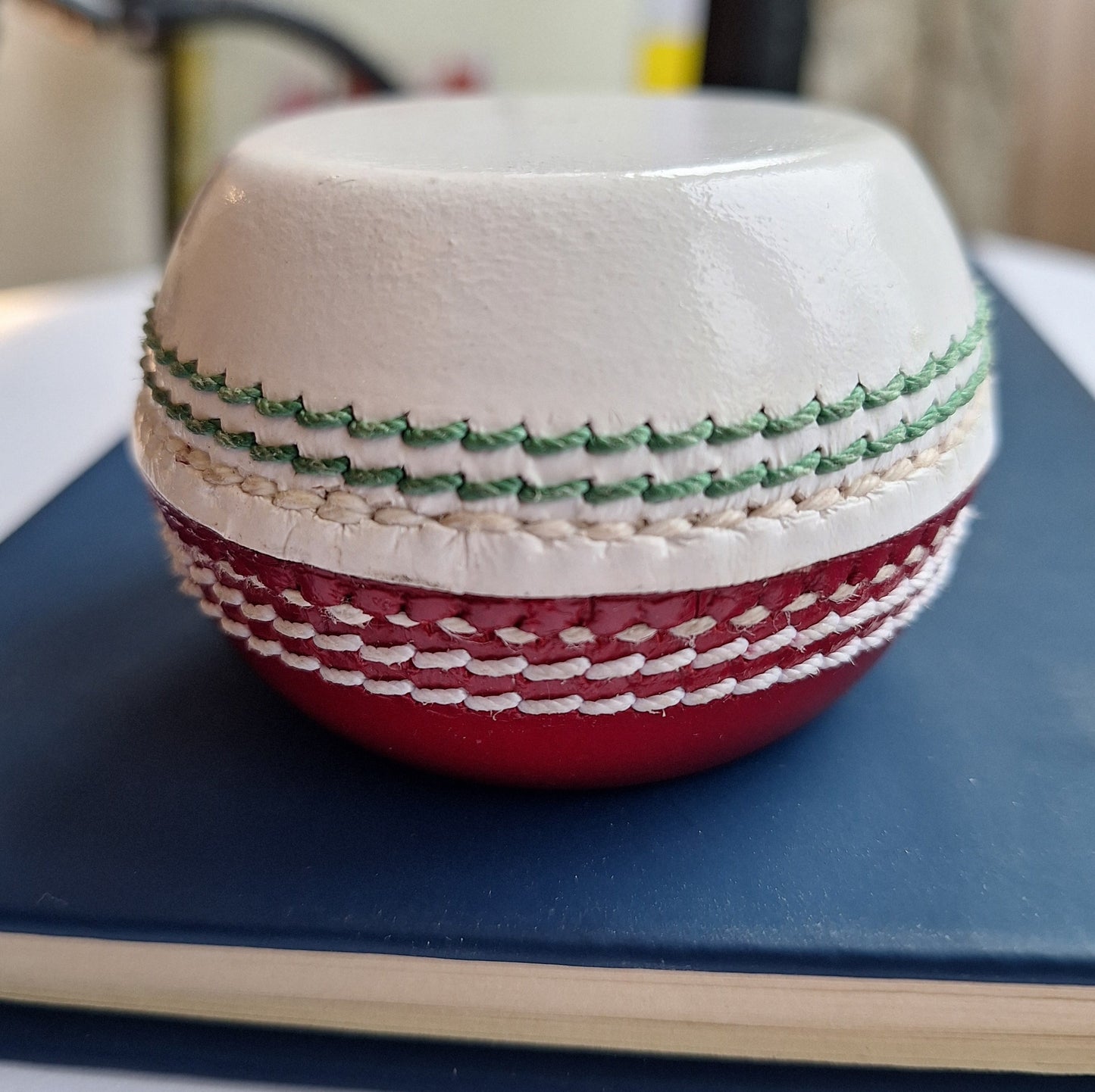 Flat sided Cricket Ball Paperweight / Desk ornament - real cricket stitching