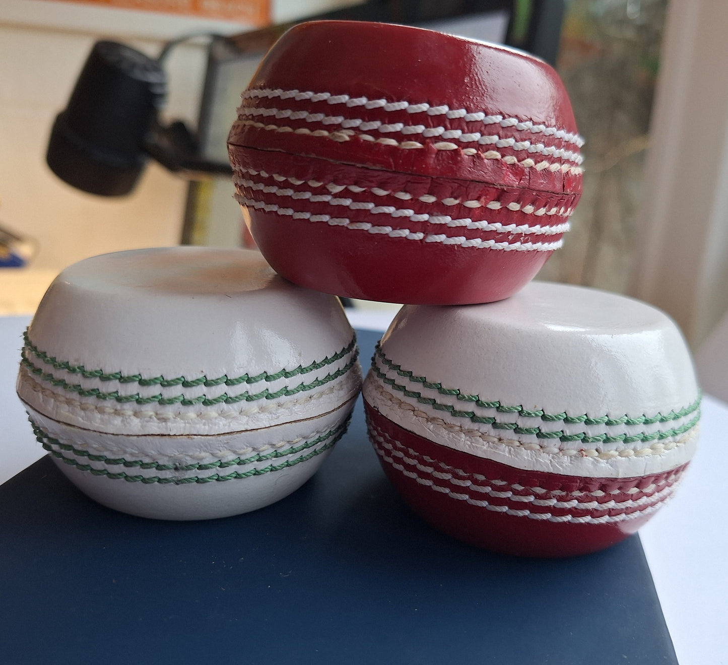 Flat sided Cricket Ball Paperweight / Desk ornament - real cricket stitching