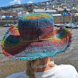 Beautiful Hemp Unisex RAINBOW BORLA OUTBACK hat with a flexible, fringed brim