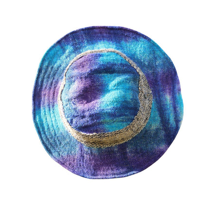 Beautiful Hemp Unisex blue and purple TIE-DYED BORLA OUTBACK hat with a flexible, fringed brim