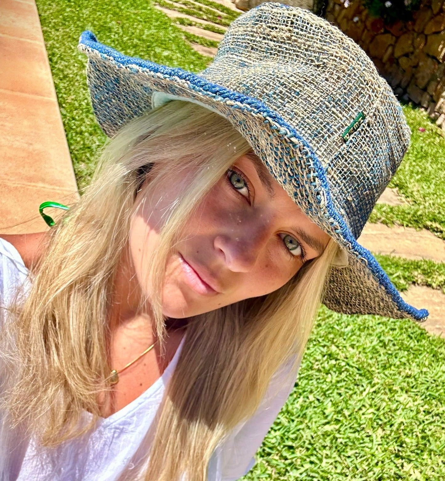 Beautiful Hemp Unisex washed Blue BORLA OUTBACK hat with a flexible, fringed brim
